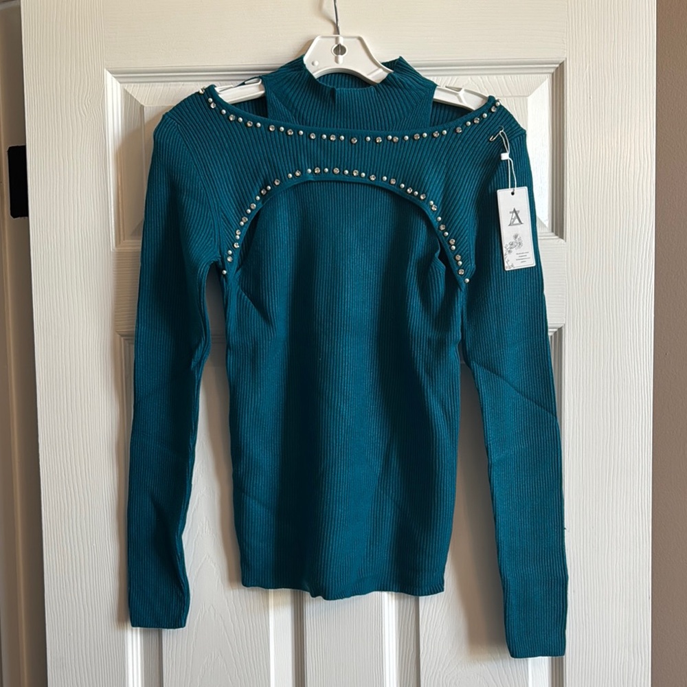 AZ Teal Ribbed Sweater with Crystal Accents